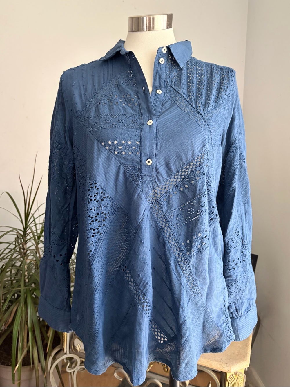 Sundance Blue Button-Front Eyelet Patchwork Shirt